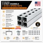 1-5/8" Strut Channel Trolley Track 5 FT Hot Dip Galvanized Steel (Pack of 4) with M12 Spring Nut Pack of 25