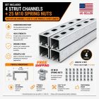 1-5/8" Strut Channel Trolley Track 5 FT Hot Dip Galvanized Steel (Pack of 4) with M10 Spring Nut Pack of 25