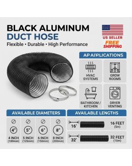 8" Dryer Vent Hose 16 FT Aluminium Flexible Duct with 2 Clamps, Black