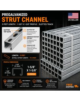1-5/8" Strut Channel Trolley Track 5 FT, 12 Gauge Pre-Galvanized Steel, Pack 1