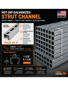 1-5/8" Strut Channel Trolley Track 5 FT, 12 Gauge Hot Dip Galvanized Steel, Pack 4