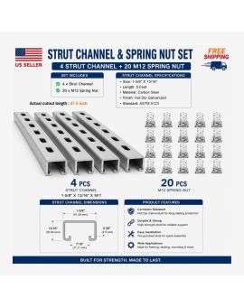 1-5/8" x 13/16" Strut Channel Trolley Track 5 FT (Pack of 4) with M12 Spring Nut Pack of 20