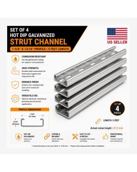 1-5/8" x 13/16" Strut Channel Trolley Track 5 FT, Hot Dip Galvanized Steel, Pack of 4