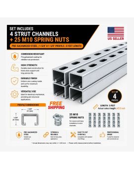 1-5/8" Strut Channel Trolley Track 5 FT, Pre-Galvanized Steel with Spring Nut M10