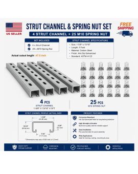 1-5/8" x 13/16" Strut Channel Trolley Track 5 FT (Pack of 4) with M10 Spring Nut Pack of 25