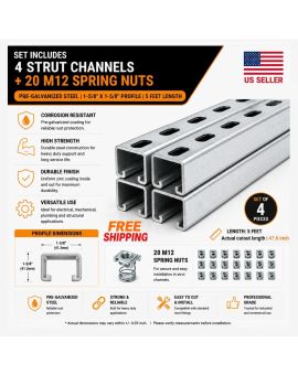 1-5/8" Strut Channel Trolley Track 5 FT, Pre-Galvanized Steel with Spring Nut M12