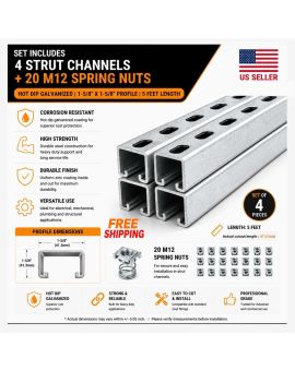 1-5/8" Strut Channel Trolley Track 5 FT Hot Dip Galvanized Steel (Pack of 4) with M12 Spring Nut Pack of 25