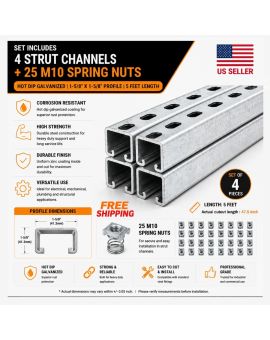 1-5/8" Strut Channel Trolley Track 5 FT Hot Dip Galvanized Steel (Pack of 4) with M10 Spring Nut Pack of 25