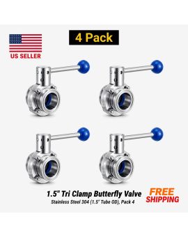 1.5" Tri Clamp Butterfly Valve Stainless Steel 304 (1.5" Tube OD), Pack 4