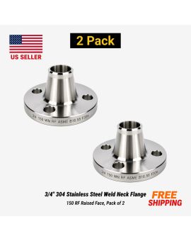 3/4" 304 Stainless Steel Weld Neck Flange 150 RF Raised Face, Pack of 2