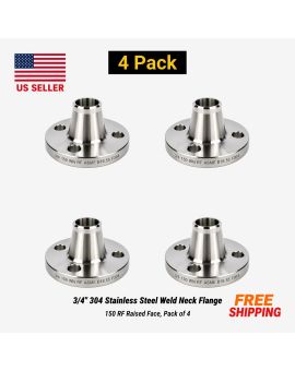 3/4" 304 Stainless Steel Weld Neck Flange 150 RF Raised Face, Pack of 4