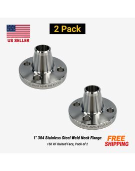 1" 304 Stainless Steel Weld Neck Flange 150 RF Raised Face, Pack of 2
